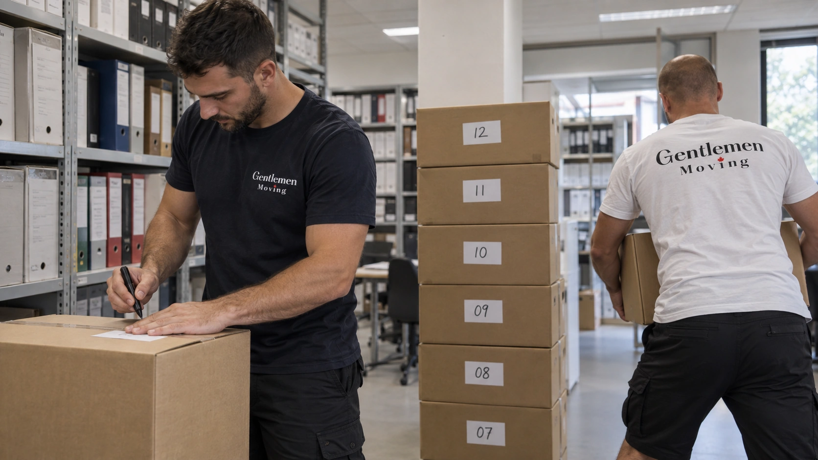 Deux déménageurs fermant des cartons alignés, adhésif à la main