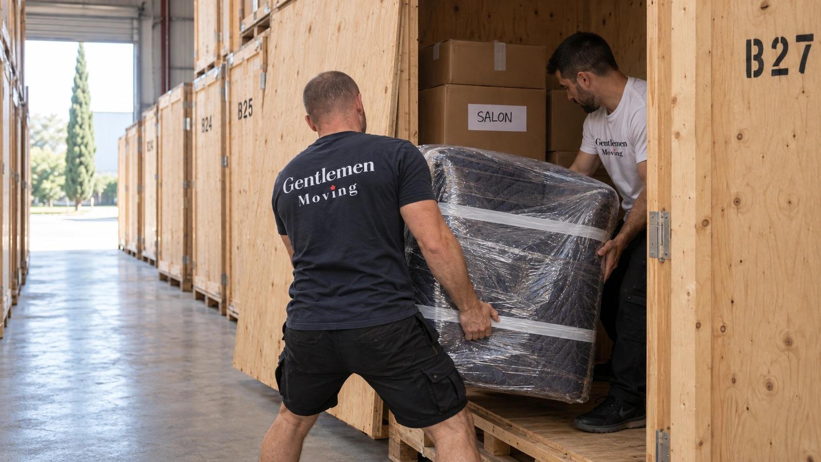 Deux déménageurs déposent un fauteuil entièrement filmé dans une caisse de stockage en bois numérotée